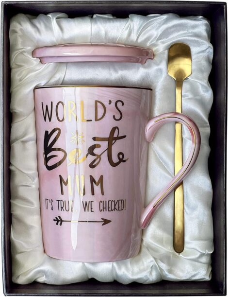 Daughter Son Mum Birthday Gifts – World’s Best Mum Mug, Funny Presents. 14Oz Pink Marble Ceramic Coffee Cup, Elegantly Boxed.