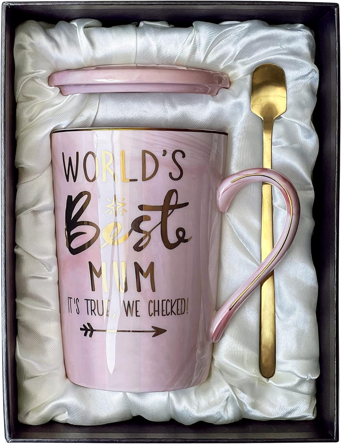 Mum Birthday Gifts for Mum from Daughter Son - World's Best Mum - Mummy Mug, Funny Presents for Mum from Kid on Her Birthday Mothers Day, 14Oz Pink Marble Ceramic Coffee Cup with Gold, Elegantly Boxed