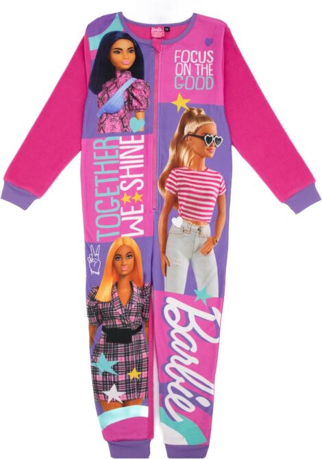 Barbie Girls Pink Onesie: Classic Logo Fleece Loungewear, Cozy Nightwear for Kids.