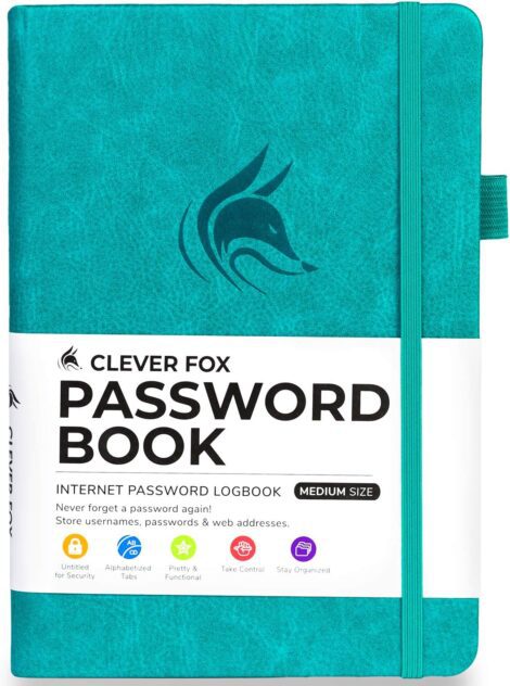 Clever Fox Password Book with Alphabetical tabs, Medium size Password Keeper for Logins (Aquamarine)