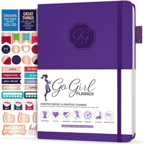 Compact women’s planner and organizer for improved time management, productivity, and a happier life. Purple, lasts 1 year.