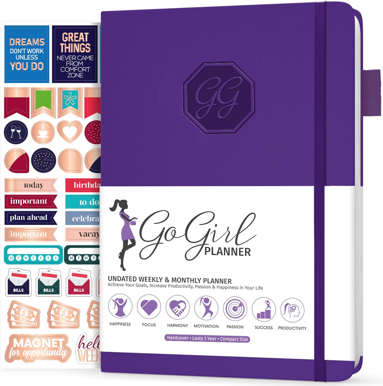 GoGirl Planner and Organizer for Women – Compact Size Weekly Planner, Goals Journal & Agenda to Improve Time Management, Productivity & Live Happier. Undated – Start Anytime, Lasts 1 Year – Purple