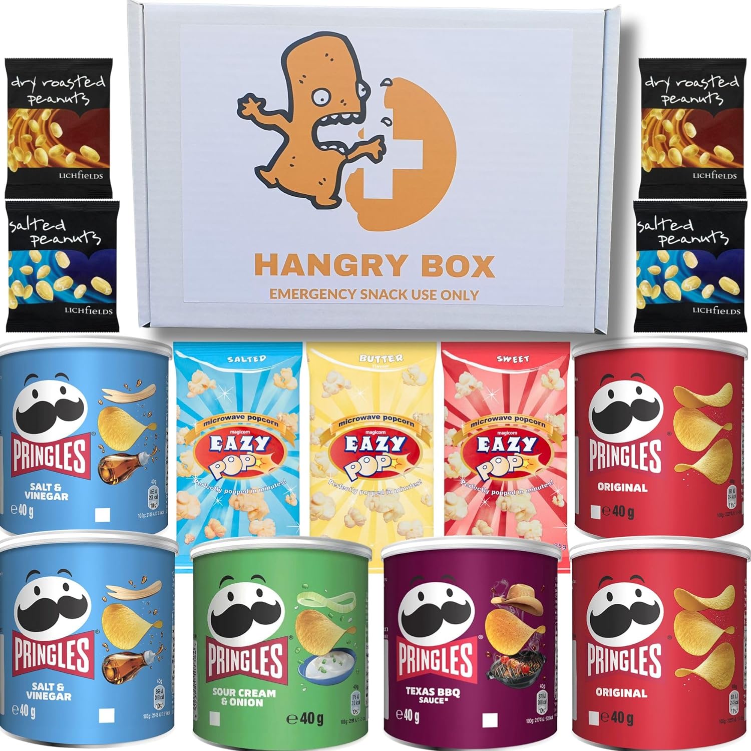 HANGRY BOX - Pringles Multipack - Snack Box with Peanuts and Popcorn (Sweet Salty AND Butter!) - Movie Night Box with Pub Snacks and Your Favourite Movie Night Accessories - Perfect for Gifting!