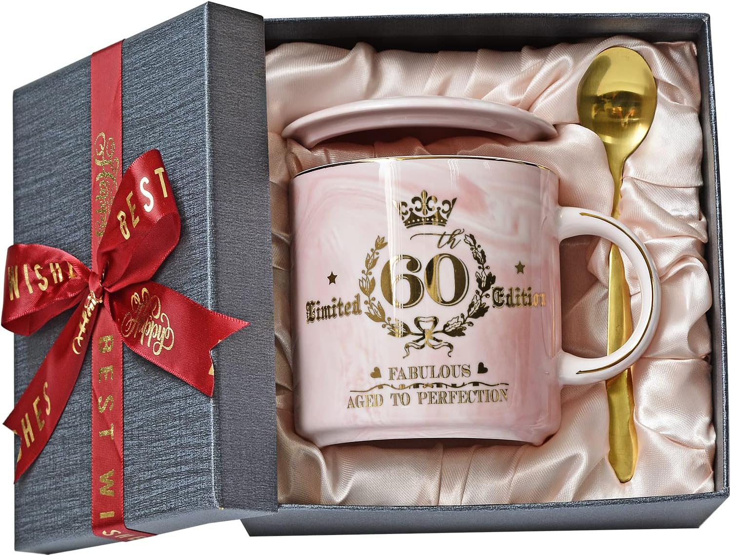 60th Birthday Gift for Women, Fabulous 1963 Aged to Perfection - 14oz Pink Coffee Mug Printed with Gold, Turning 60 Gifts for 60 Years Old Woman, Mum, Grandma, Friend, Her, Ceramic Marble Cup with Box