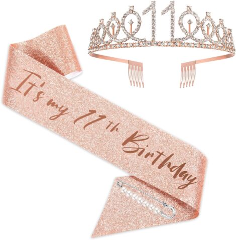 SZHUIHER 11th Birthday Sash and Tiara Set – Rose Gold, The Perfect Gift for Happy 11th Birthday!