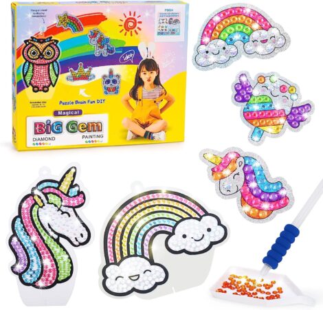 Birthday unicorn sticker craft kits for 5-7 year old girls; diamond art kits, unicorn toys for kids.