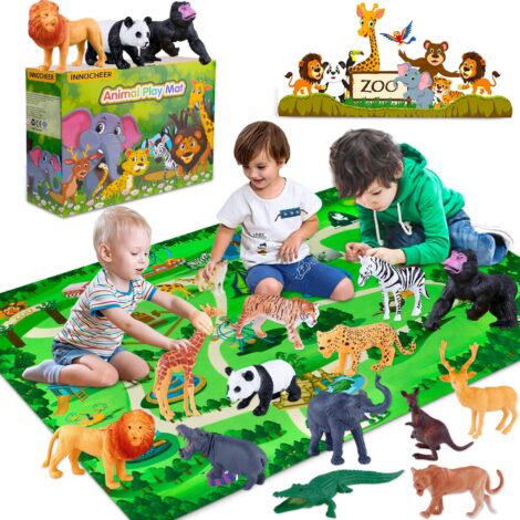 INNOCHEER Safari Animals Toys with Play Mat, Realistic Figurines for Kids, Gift Set