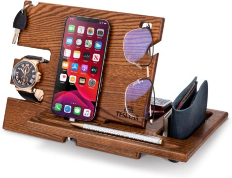 Shortened product name: Teslyar Wooden Phone Dock for Desk – Gift for Men, Anniversary, Birthday, Nightstand Organizer