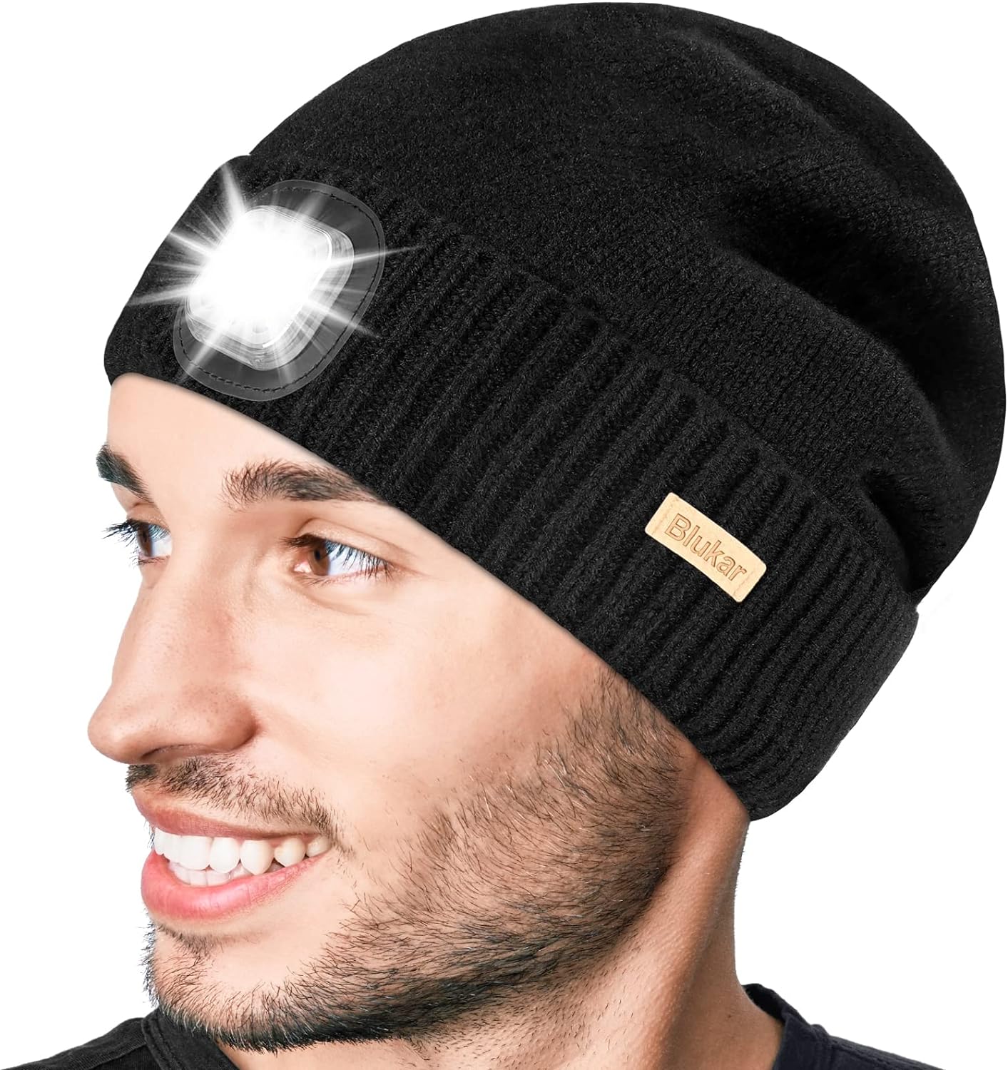 Blukar Lighted Beanie Cap Rechargeable, Beanie Hat with Torch Light Build in, Super Bright 6 LED Head Torch Lamp Hat Winter Warm Gift for Men Women Dad Black