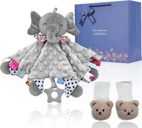 Baby gift set with elephant comforter and bear socks for baby shower and newborn lovey.