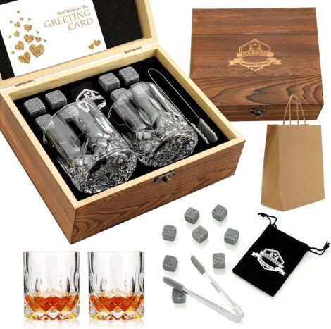 Whiskey Stones and Glass Gift Set in Wooden Box – Cool Without Dilution – Set of 2 Glasses, Gift for Dad