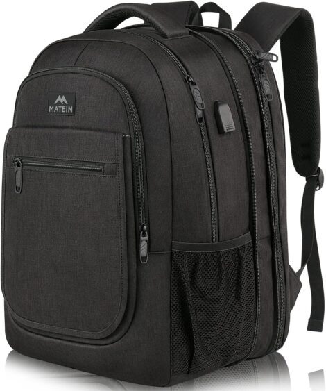 MATEIN Travel Backpack, TSA Laptop Bag with USB Port, Anti-Theft, Water-Resistant. Fits 17.3″ Laptops. College Gift. Black.