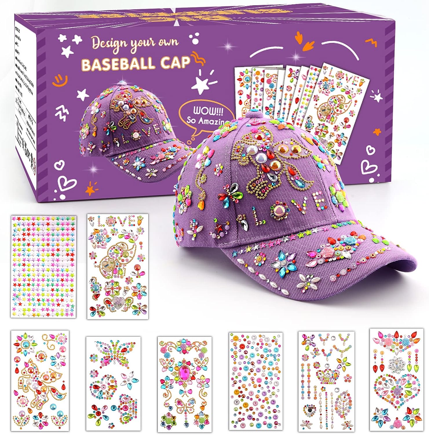 Gifts for Girls DIY Baseball Cap, Decorate Your Own Cap with Glitter Gem Stickers, Birthday Present for 4 5 6 7 8 9 10 Year Olds Girls, Baseball Cap Arts & Crafts for Kids, Back to School Gift Sun Hat