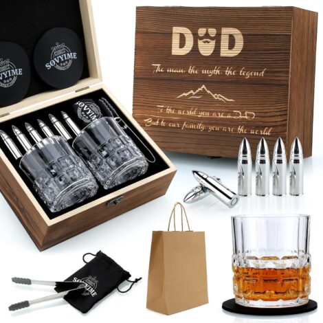 Dad Birthday Whiskey Gift Set: Whisky Glasses, Stones, Wooden Box. From Daughter/Son.