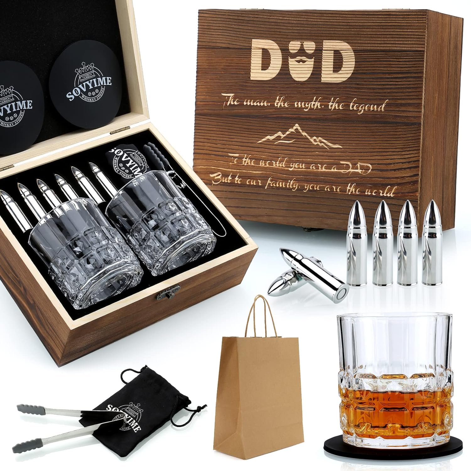 Sovyime Dad Birthday Gifts for Fathers Day Whiskey Gifts, Whisky Glasses Set & Stones, 2 6 Stones Wooden Box Present, Daddy from Daughter Son