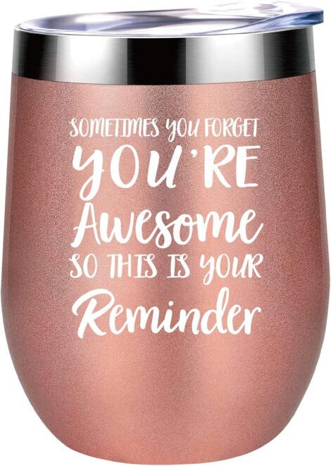 Insulated Wine Tumbler with Lid, Awesome 12 Oz, Gifts for Women, Friends, Employees- Rose Gold.