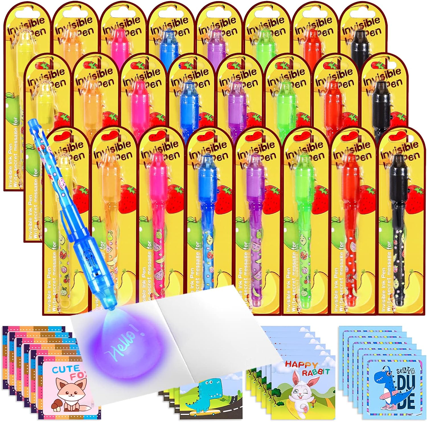 JIMMIDDA Invisible Ink Pen, 24PACK secret pen with UV lighT with Notepads, invisible writing, Spy Invisible UV Pens Stocking Fillers for Kids Birthday Parties School Prizes & Gifts