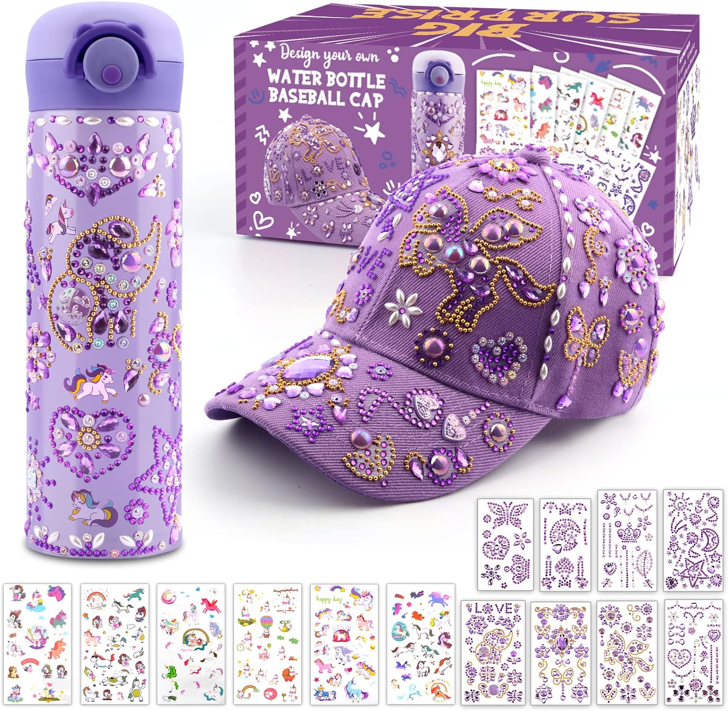 Gifts for Girls DIY Water Bottle and Baseball Cap, Decorate Your Own Water Bottle with Gem & Unicorn Stickers, Girls Christmas Birthday Present Age 4 5 6 7 8 9 10 11, Cap & Bottle Craft Kit for Kids