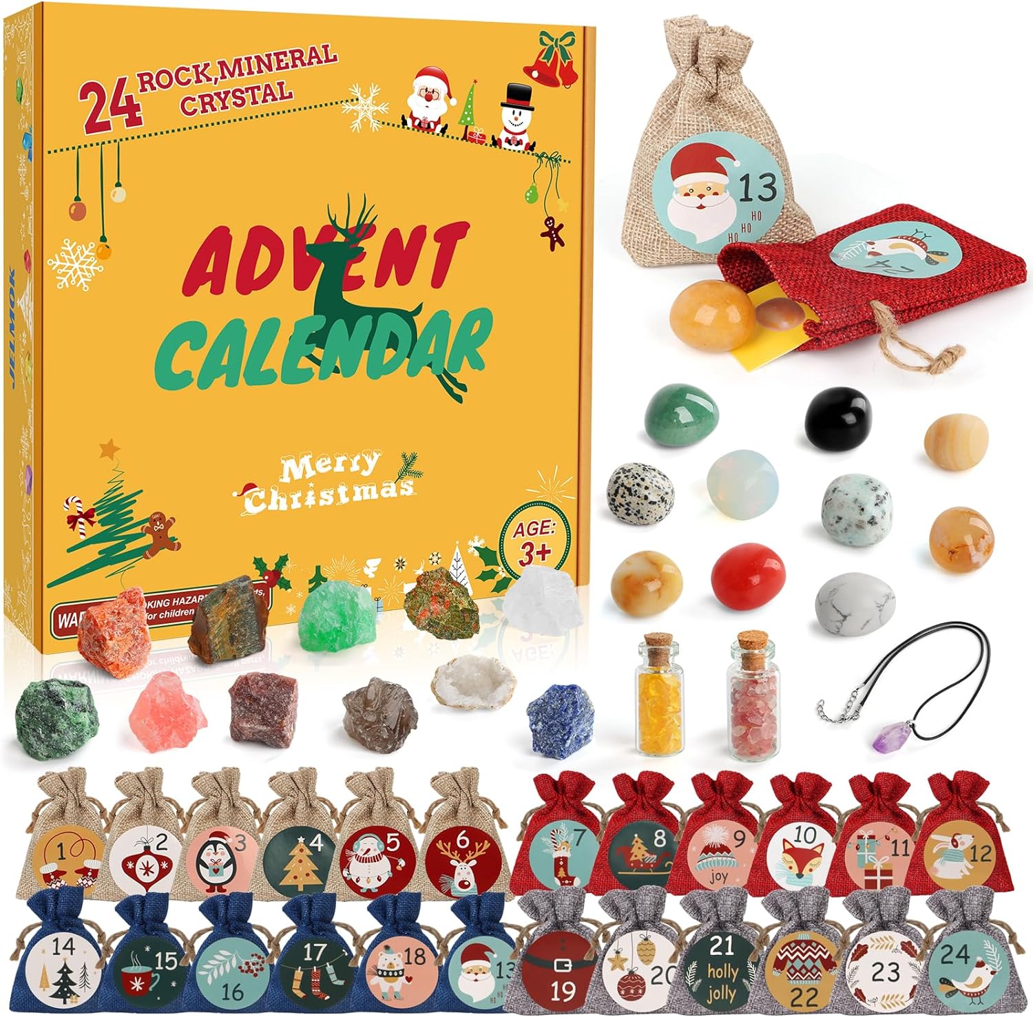 RAMXCION Advent Calendar 2023, Gemstone Dig Kit,Natural Crystal Christmas Countdown Calendar,Dig up 24 Days Real Gems Crystals, Rock, Minerals with Christmas Jute Burlap Bags Gift for Kids Boys Girls