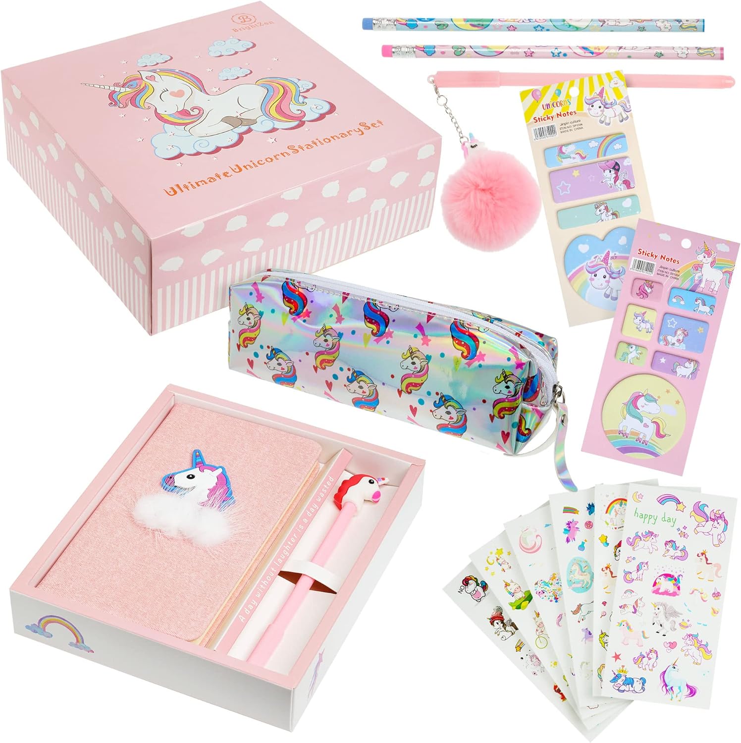 Brightzen Unicorn Stationery Set – Unicorn Notebook, Pens, Pencils, Pencil Case, Pocket Notepad and Stickers, Great Birthday Gifts for Girls Age 4 5 6 7 8 9 10 11 years old