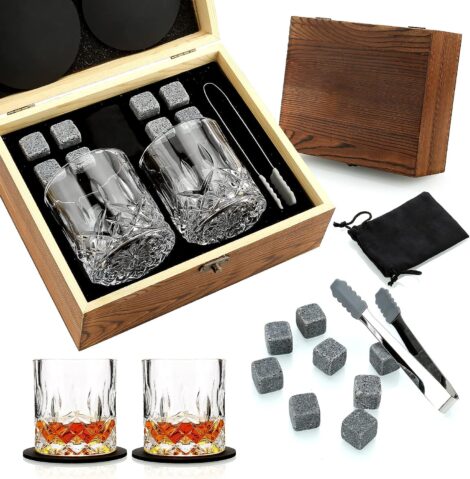 Sovyime Whiskey Glass Set: 2 Glasses, Stones, Wooden Box. Ideal Gift for Men, Dad, Husband.