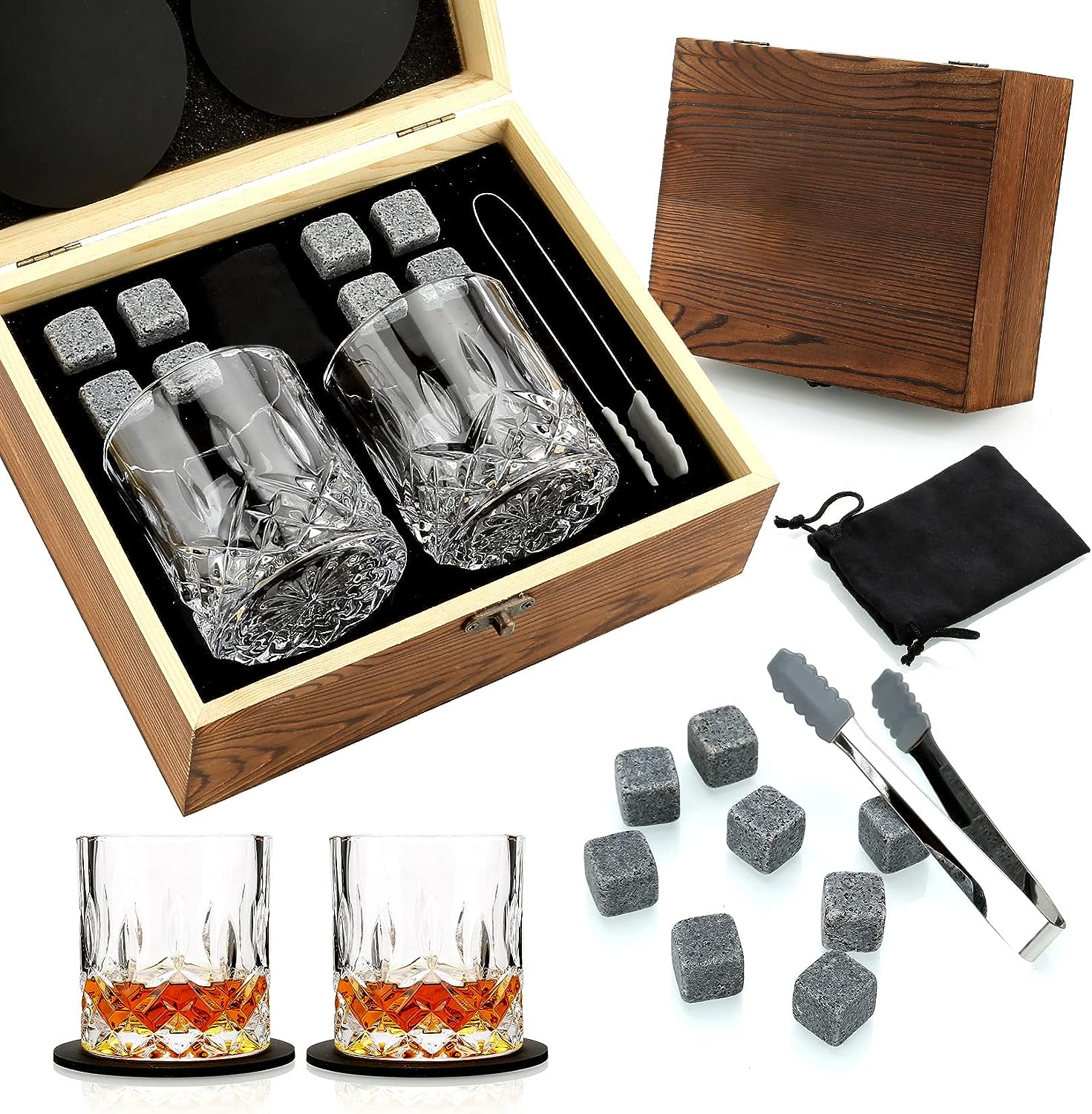 Sovyime Whiskey Glass Gift Set of 2, Whiskey Stones, Whiskey Gift Sets Men, 8 Whisky Stones 2 Crystal Whisky Glasses Wooden Box Present, Birthday Gifts Men, Dad, Husband Valentine’s Day/Father’s Day