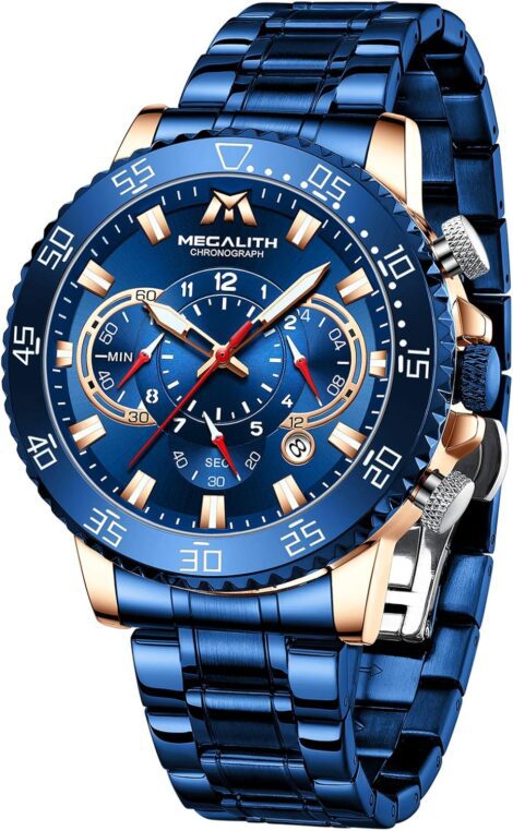MEGALITH Chronograph Stainless Steel Men’s Watch – Waterproof, Designer, Luminous Date Quartz Watch. Ideal Gift!