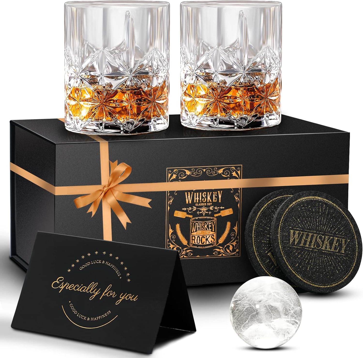 KAQ Whiskey Glasses, 320ml Whisky Glasses Set of 2, Lead-Free Crystal Whisky Glass Gift Set, Personalised Whiskey Gift Sets for Men, Whiskey Tumbler for Scotch Bourbon Gin Rum Negroni Brandy