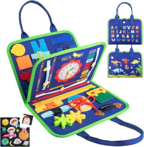 Blue Dhapy Busy Board: Montessori Sensory Activities for 1-3 Year Olds, Educational Travel Toy.