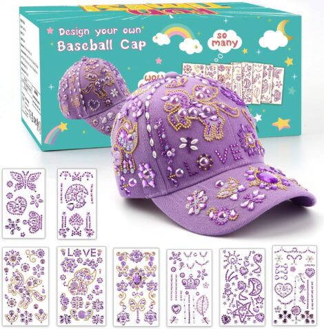 Girls’ DIY Baseball Cap Kit – Glitter Sticker Decorations, Ages 4-11.