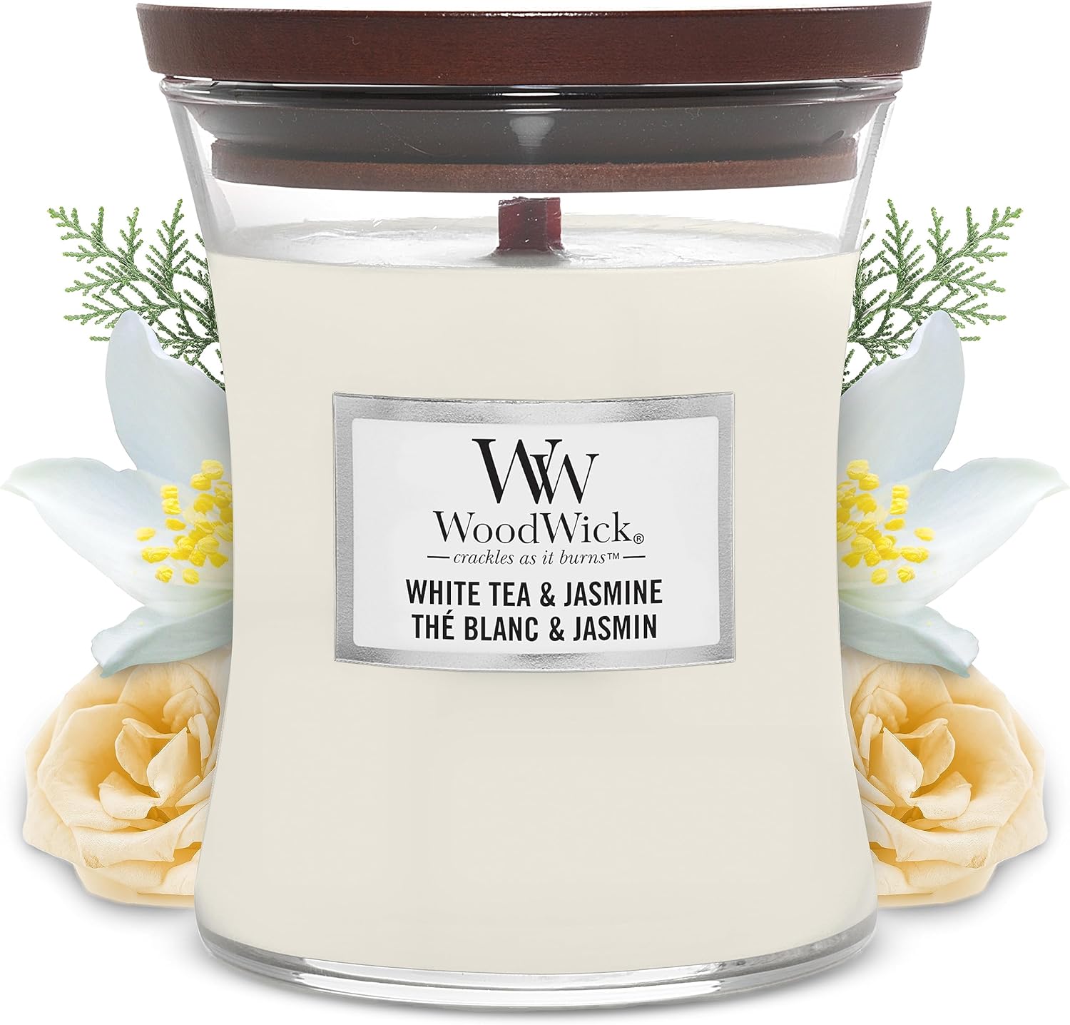 Woodwick Medium Hourglass Scented Candle with Crackling Wick, Burn Time: Up to 60 Hours, White Tea and Jasmine