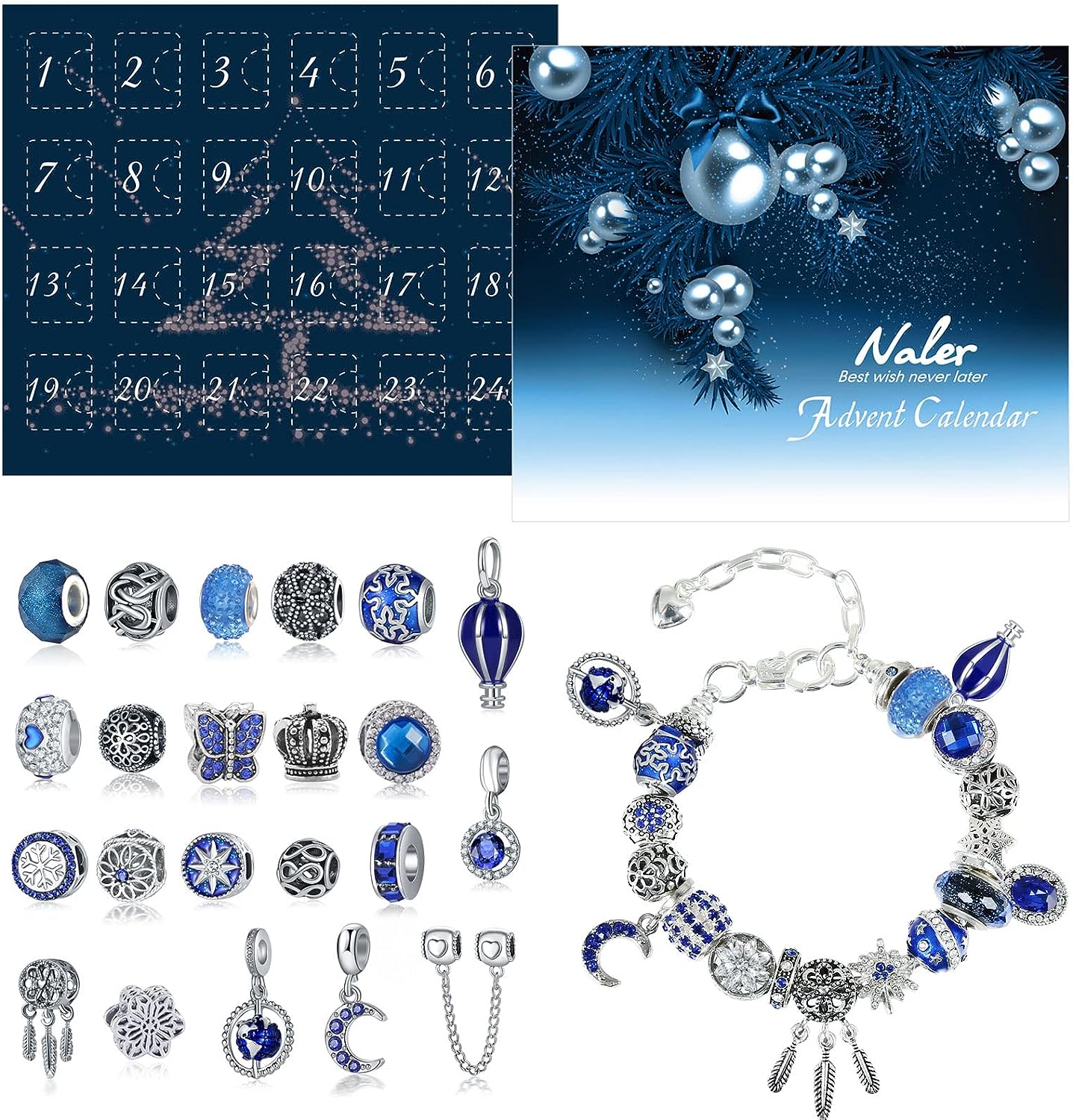Naler Advent Calendars 2023, Advent Jewelry Pendant Charms Gift for Girls Women DIY Fashion Bracelet Necklace Xmas Countdown Countdown Calendar Gifts, Blue