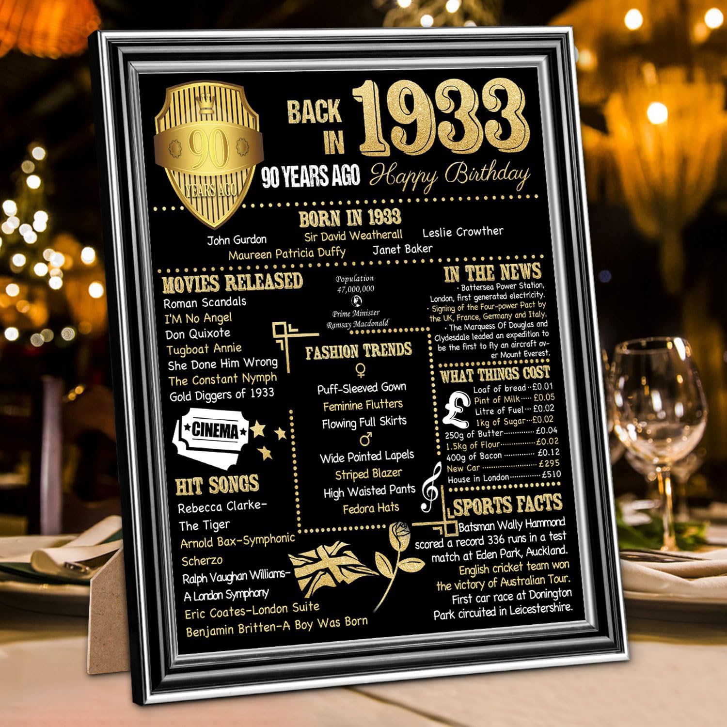 Benjia Back 1933 Poster Framed UK, Happy 90th Birthday Party Decoration Supplies 8x10 Inch Home Decor Card Gift 90 Years Old Birthday Wedding Poster For Men Women (Black, 8x10)