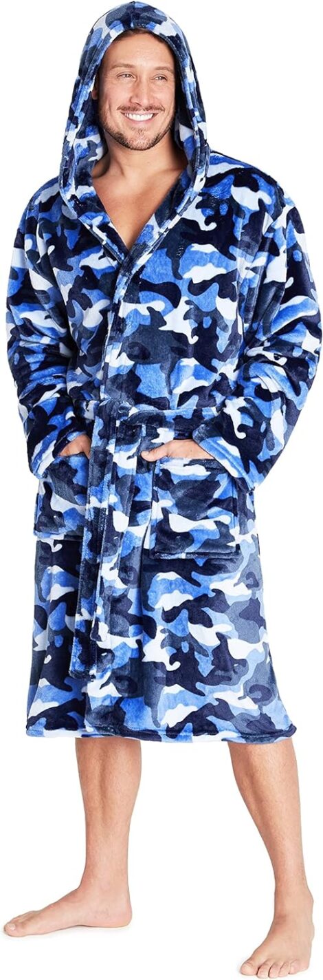 Men’s Camo Print Fluffy Fleece Dressing Gown with Hood – Super Soft, Perfect Gift for Men and Boys