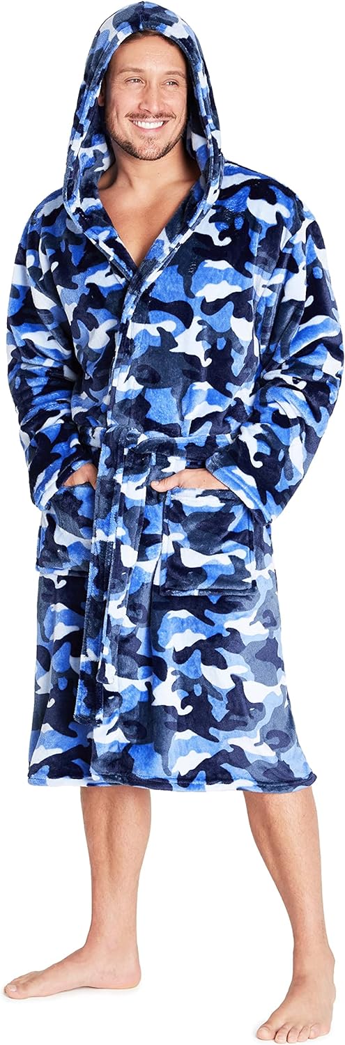 CityComfort Dressing Gown for Men, Fluffy Fleece Mens Dressing Gowns with Camouflage Print, Super Soft Comfy Robe with Hood, Gifts for Men Teenage Boys