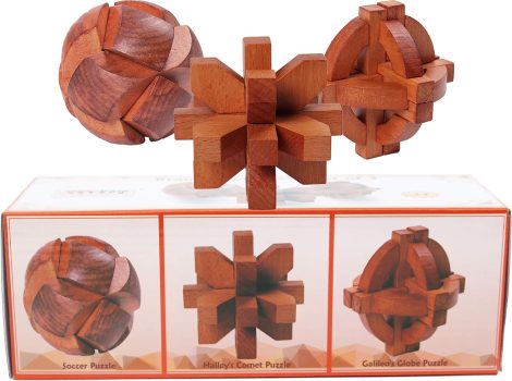 Wooden brain teaser puzzles set with Galileo Globe, Halley’s Comet, and Lock Ball. Perfect gift for all.