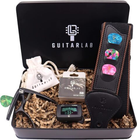 Guitar Lab Kit: Premium Accessories in Metal Tin – Strap, Capo, Tuner & Picks – Perfect Gift for Guitarists