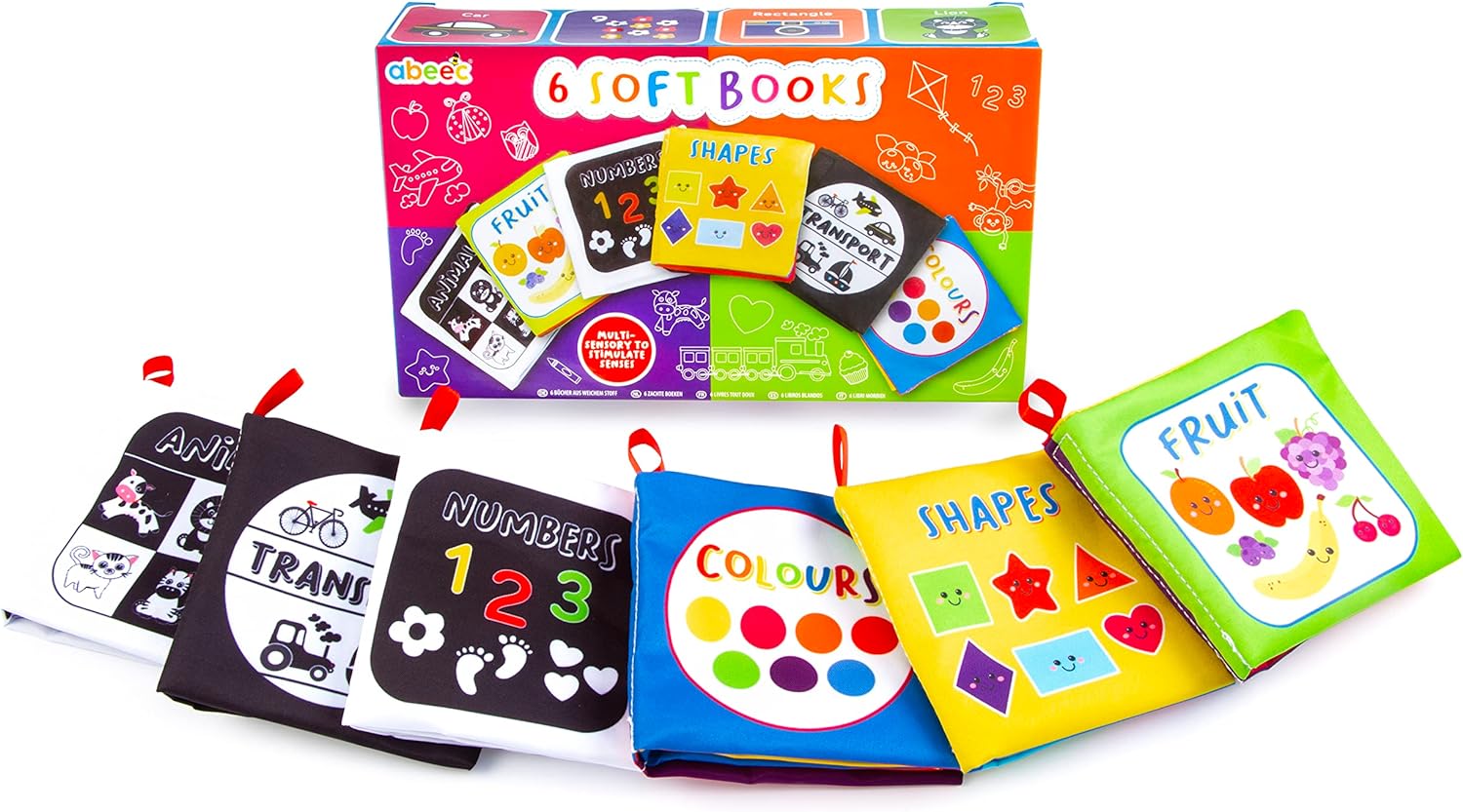 abeec Soft Books for Babies - Baby Books 0-6 months - Set of 6 Soft Book Sensory Set - 3 Colour and 3 Black & White - Ideal Baby Gift