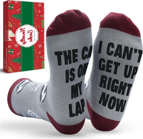 Cat On My Lap Funny Novelty Socks – Perfect Gifts for Teens, Men, Women, and Occasions.