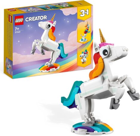 LEGO 31140 Creator 3 in 1 Rainbow Animal Buildable Toy – Unicorn, Seahorse, Peacock. Ideal gift for kids!