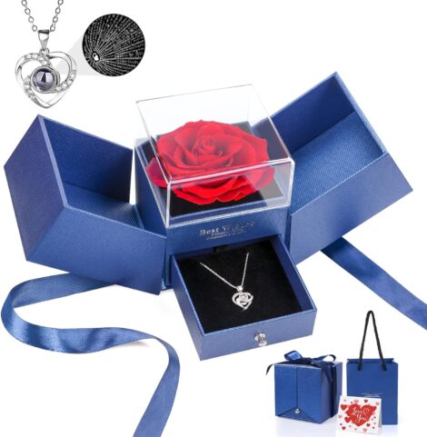 Preserved Rose Gift with “I Love You” Necklace: Ideal Present for Her on Special Occasions.