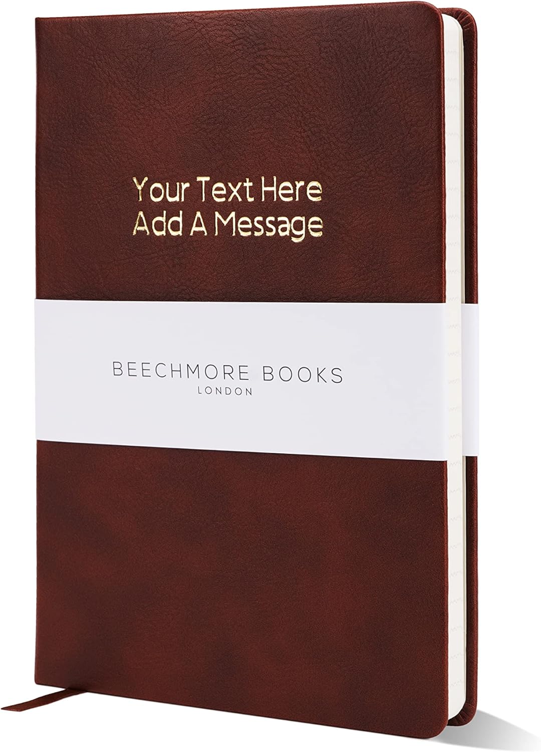 Beechmore Books Personalised Notebook - A5 Brown | Customised Vegan Leather Hardcover Personal Journal | Thick 120gsm Lined Paper | Your Message on Book Cover | Gift Box for Christmas Stocking Fillers