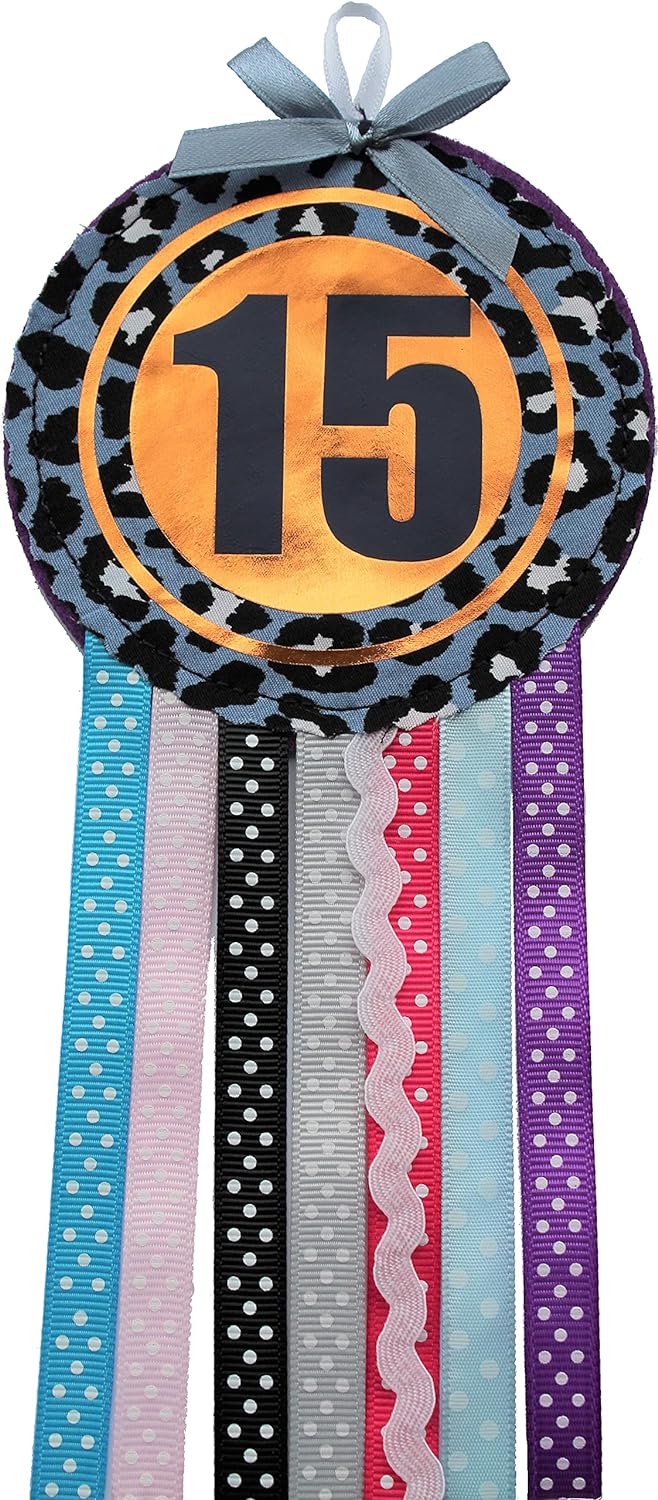 Ditsy Rosettes Leopard Birthday Rosette Badge - Teenage, Age 10, 11, 12, 13, 14, 15, 16 - Perfect Party Gift card – Birthday Boy, Girl, Teen (Age 15)