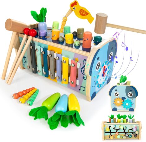 KIDWILL 7-in-1 Wooden Hammering Pounding Toy: Montessori Game with Xylophone, Maze, and Gears (HPT12).