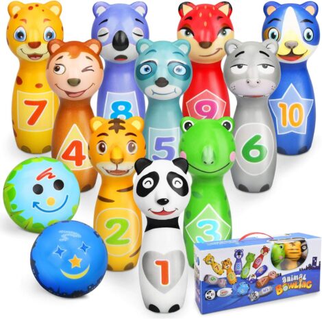 Youth bowling set with 10 pins and 2 balls, perfect birthday gift for 3-5 year olds.