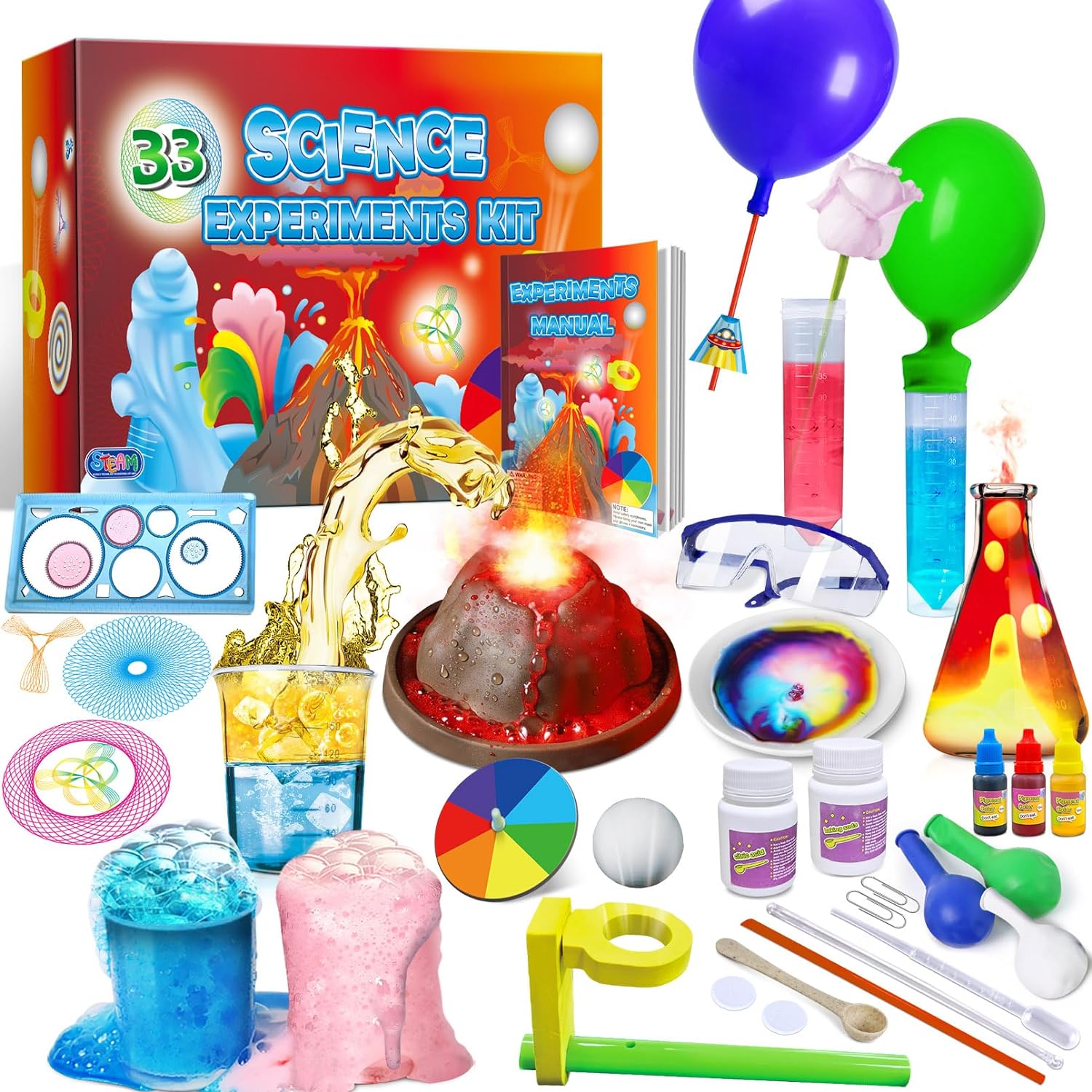 UNGLINGA 33 Experiments Science Kit for Kids Age 4-6-8-10, Science Project STEM Learning Educational Toys Gifts for Boys Girls 4 5 6 7 8 9 10 Years Old, Chemistry Set, Volcano Erupting