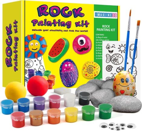 3D Rock Painting Kit for Kids 6+ Years: 12 Color Paints, Stickers & Clay – Perfect Birthday Gift!