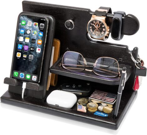 Teslyar Wood Phone Docking Station – Organizer and Stand for Men, Boyfriend, Dad (Black).