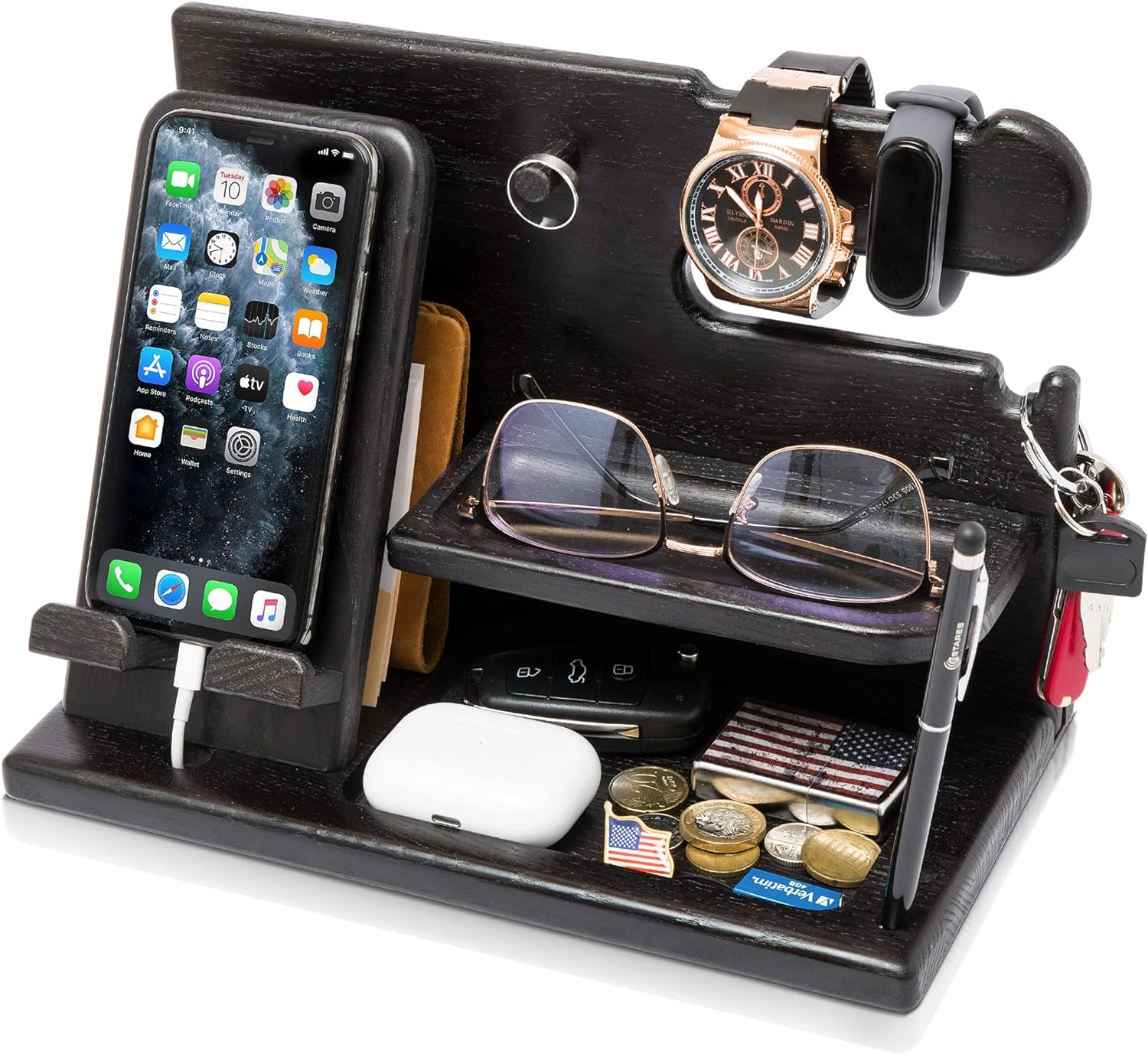 Teslyar Gifts for Men Wood Phone Docking Station Desk Organizer Fathers gifts Gifts for him Xmas gift Anniversary Birthday presents Nightstand Key Wallet Stand for Men, Boyfriend, Dad (Black)