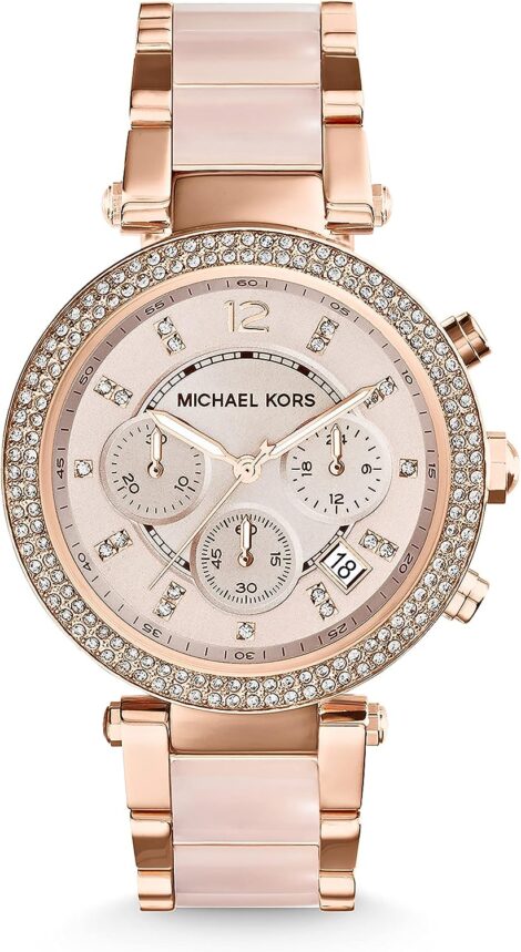 Women’s Michael Kors Parker Watch with 39mm case, Chronograph Movement, and Steel Strap.